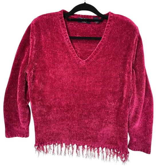 MHD Sweaters - MHD Ladies Pink V Neck Fringe Hem Sweater Velour Large Soft Comfy Cozy Textured